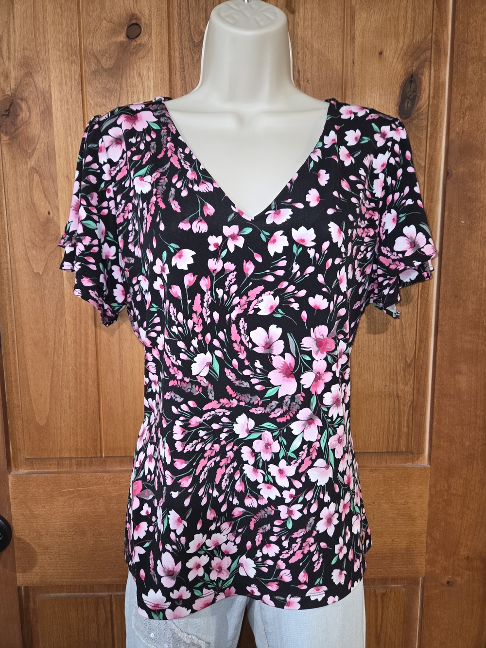 Calvin Klein Black Floral V-Neck Ruffle Sleeve Blouse
